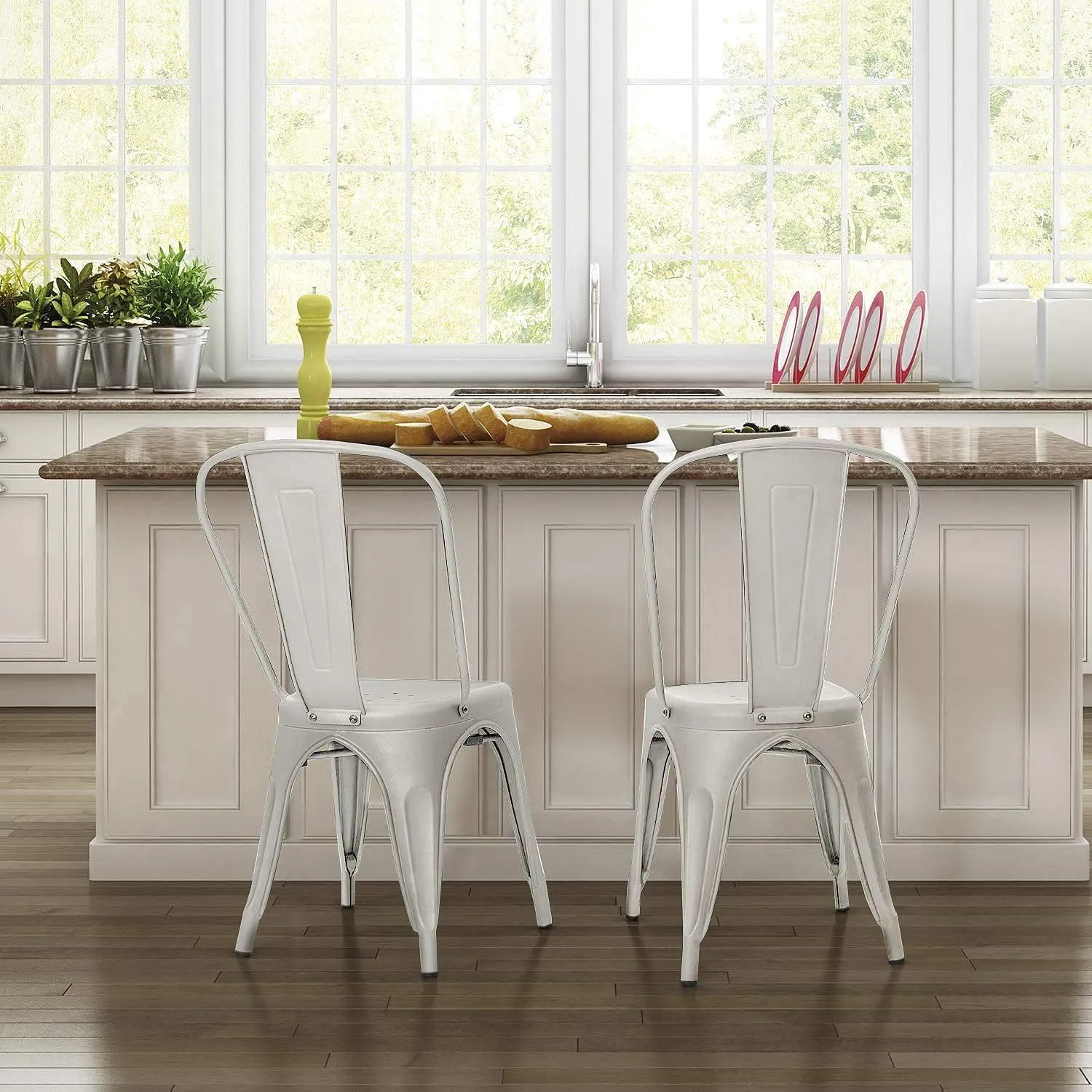Furniwell Metal Dining Chairs Indoor Outdoor Use Stackable Tolix Industrial Metal Chairs Set of 4 for Kitchen, Dining Room, Bistro and Cafe (White)