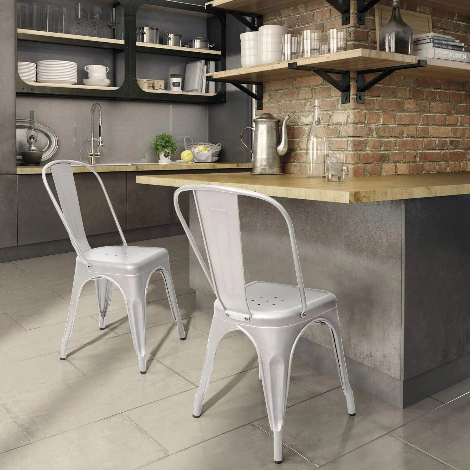Furniwell Metal Dining Chairs Indoor Outdoor Use Stackable Tolix Industrial Metal Chairs Set of 4 for Kitchen, Dining Room, Bistro and Cafe (White)