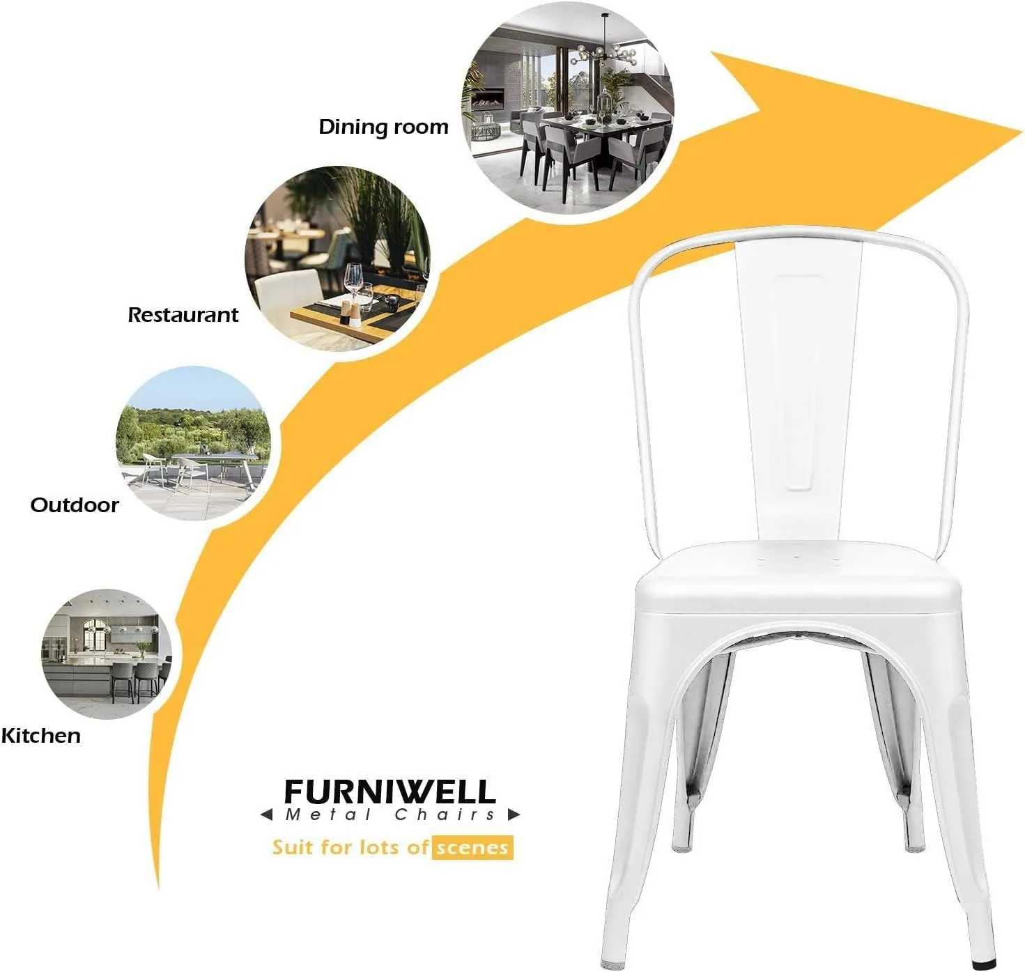 Furniwell Metal Dining Chairs Indoor Outdoor Use Stackable Tolix Industrial Metal Chairs Set of 4 for Kitchen, Dining Room, Bistro and Cafe (White)