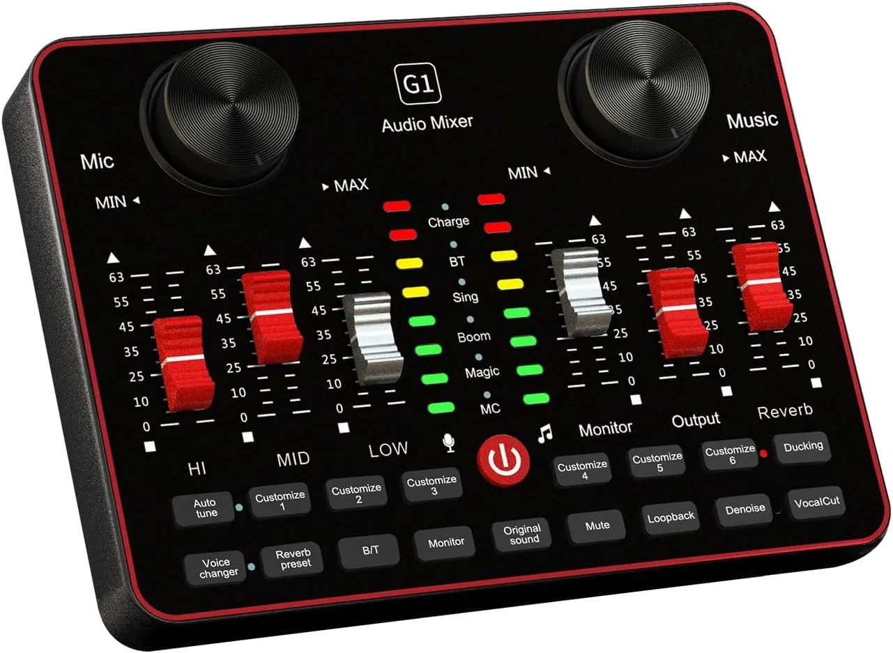 G1 Streaming Audio Mixer Sound Card – Multi-Function Live Sound Board for DJ, Condenser Microphone Included, USB Audio Interface for TikTok, Gaming Video Recording.