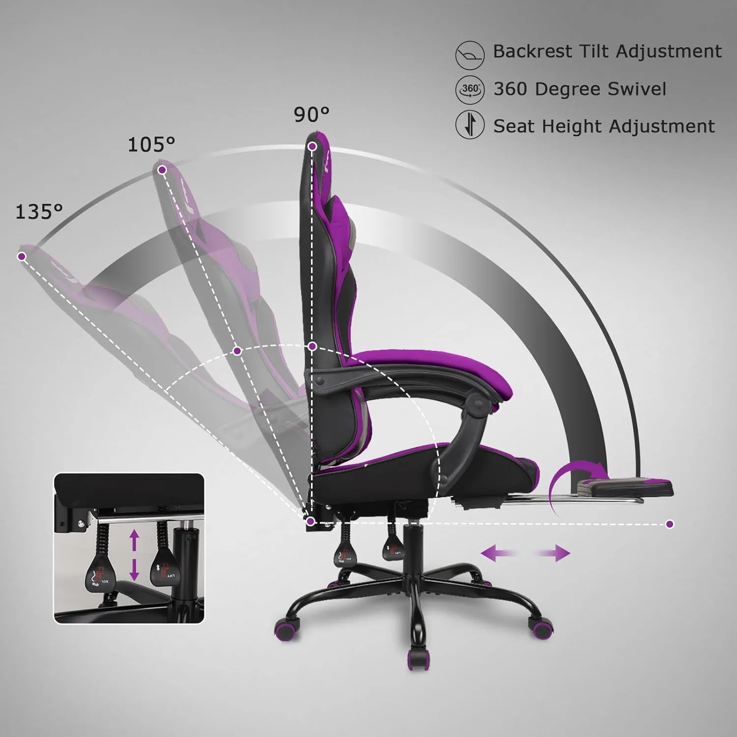 Gaming Chair with Linkage Armrest & Footrest, High Back Video Gaming Chair, Black/Purple