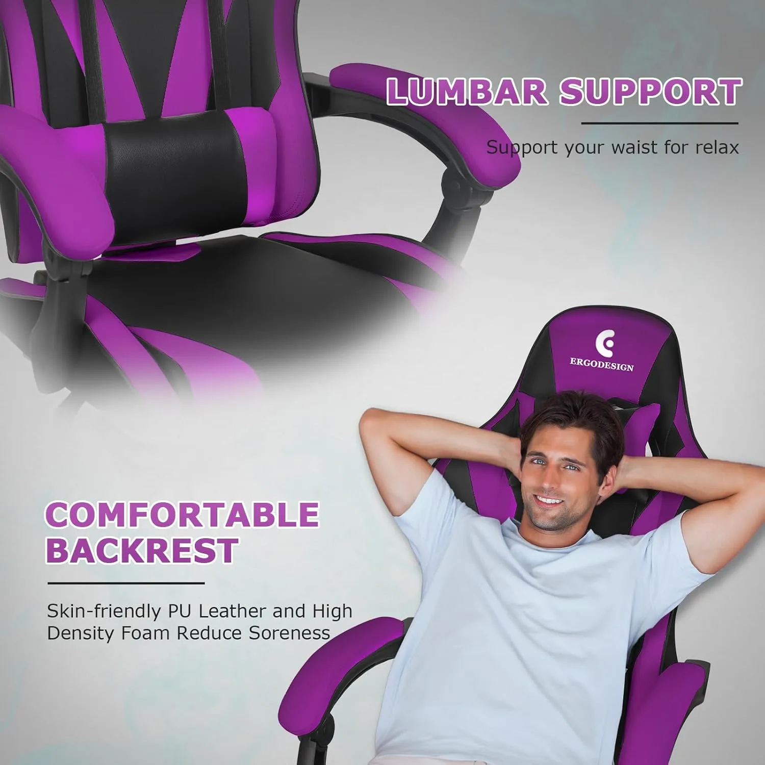 Gaming Chair with Linkage Armrest & Footrest, High Back Video Gaming Chair, Black/Purple