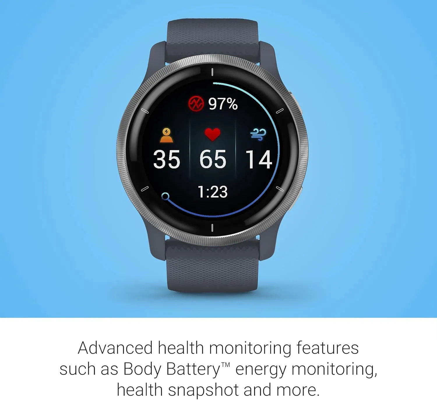 Garmin 010-02430-00 Venu 2, GPS Smartwatch, Advanced Health Monitoring, Fitness Features, Silver Bezel with GraniteBlue Case and Silicone Band