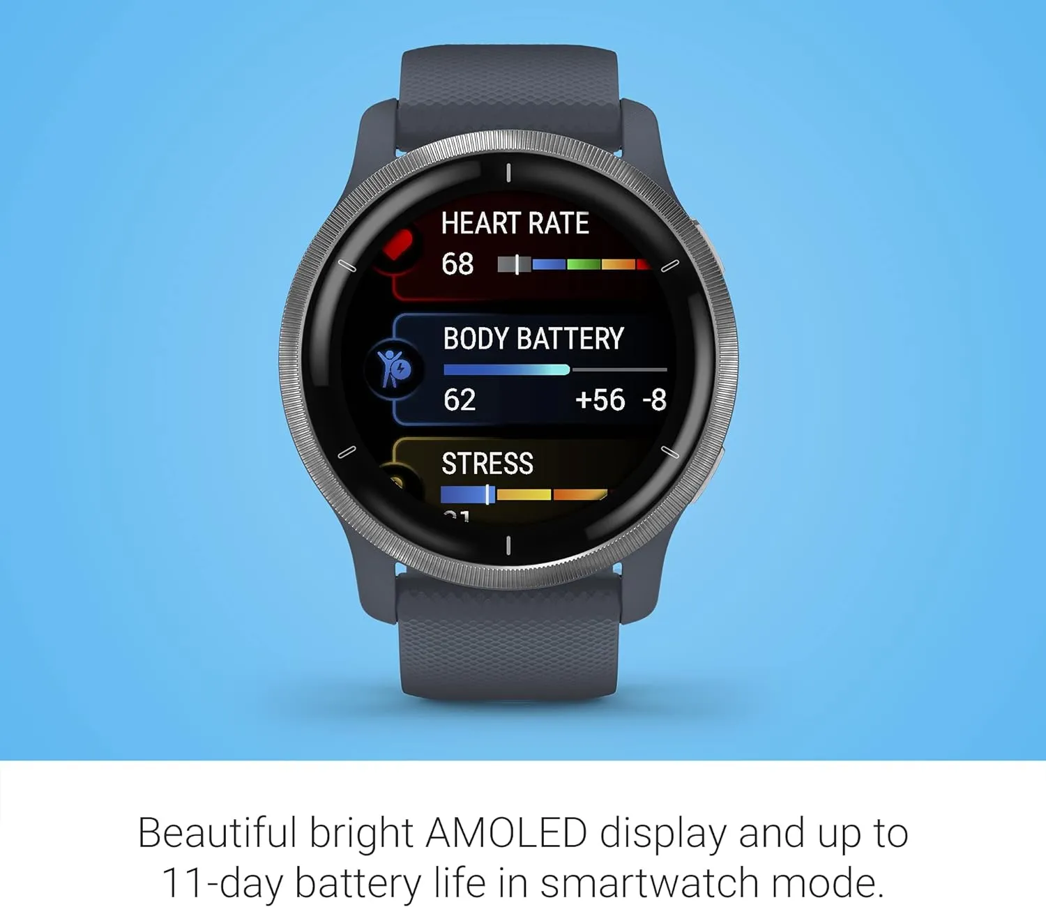 Garmin 010-02430-00 Venu 2, GPS Smartwatch, Advanced Health Monitoring, Fitness Features, Silver Bezel with GraniteBlue Case and Silicone Band