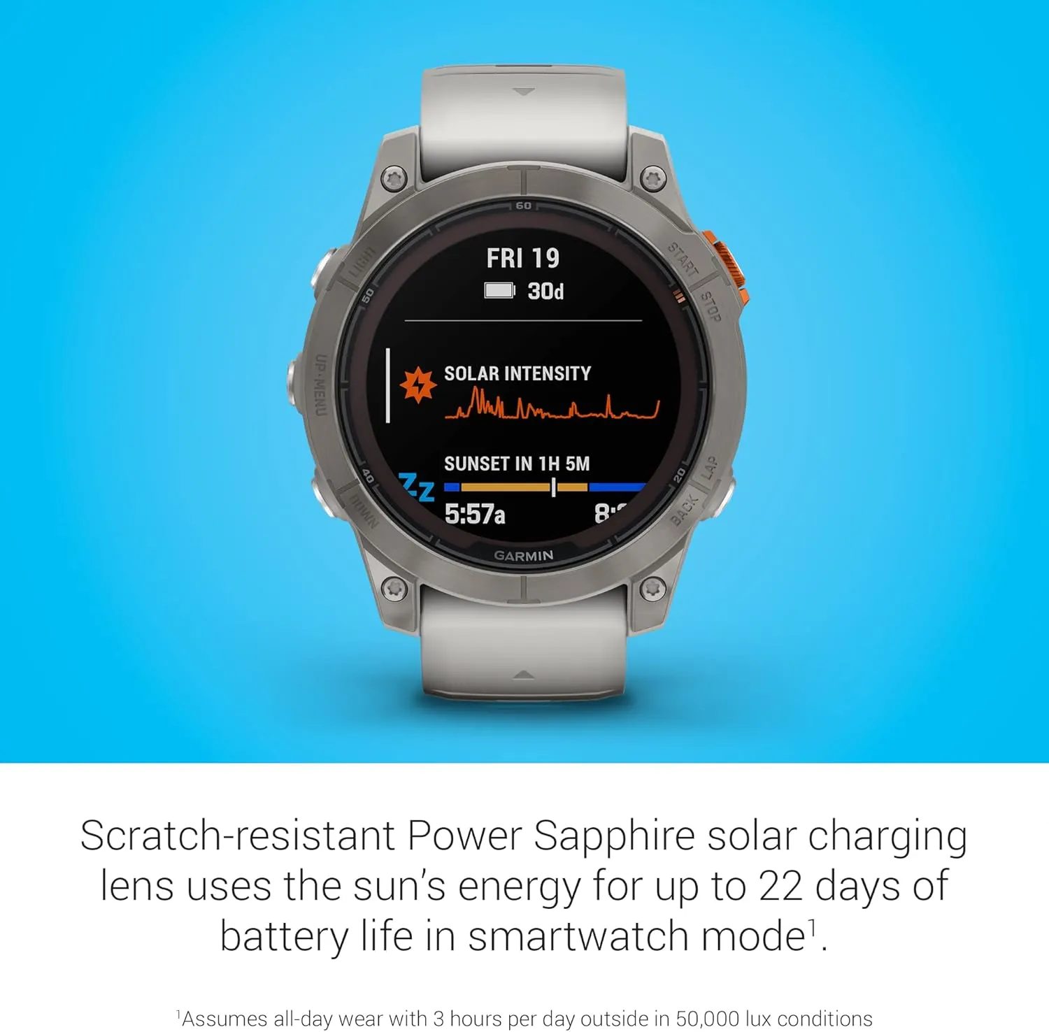 Garmin fēnix 7 Pro Sapphire Solar, Multisport GPS Smartwatch, Built-in Flashlight, Solar Charging Capability, Fog Gray/Ember Orange