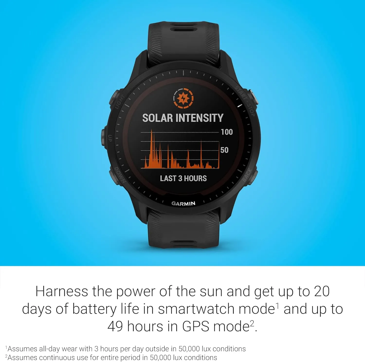 Garmin Forerunner® 955 Solar, GPS Running Smartwatch with Solar Charging Capabilities, Tailored to Triathletes, Long-Lasting Battery, Black - 010-02638-00
