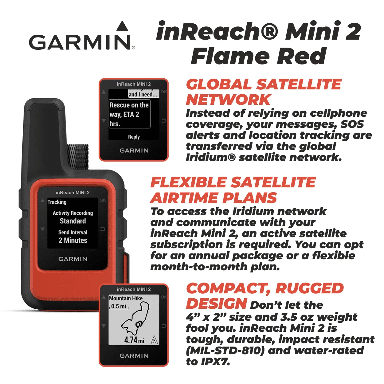 Garmin inReach Mini 2 Satellite Communicator (Flame Red), Hand-Held, Unisex Adult with Wearable4U Power Pack Bundle