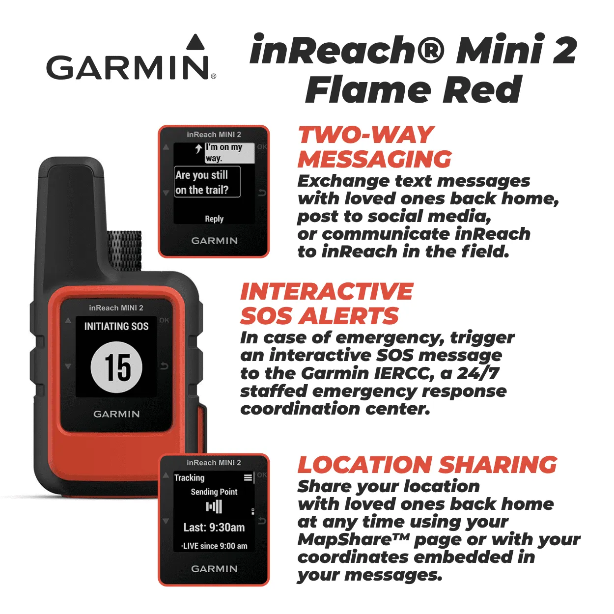 Garmin inReach Mini 2 Satellite Communicator (Flame Red), Hand-Held, Unisex Adult with Wearable4U Power Pack Bundle