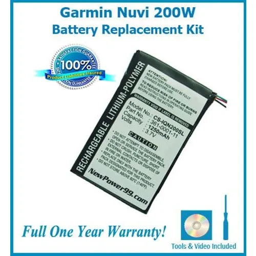 Garmin Nuvi 200w Battery Replacement Kit with Tools, Video Instructions, Extended Life Battery and Full One Year Warranty