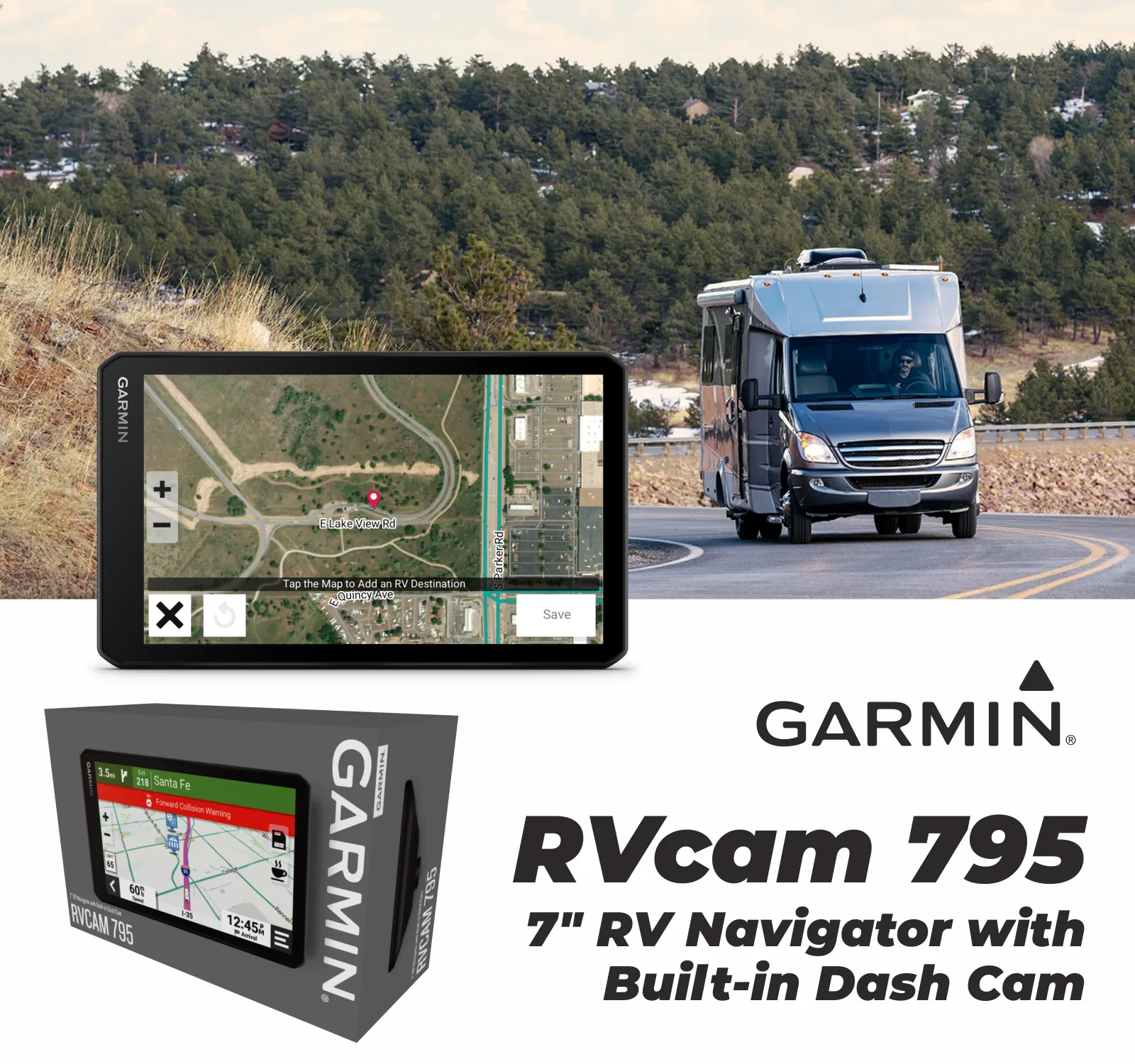 Garmin RV Cam 795, Large, Easy-to-Read 7” GPS RV Navigator, Built-in Dash Cam, Automatic Incident Detection with Power Pack Bundle