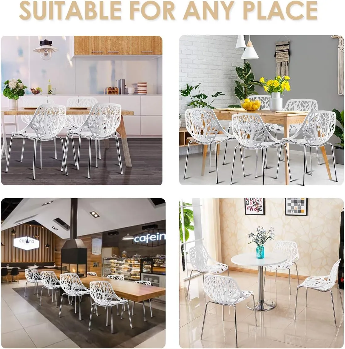 Giantex Set of 6 Modern Dining Chairs w/Plastic Feet Pads Stackable Chair Geometric Style Furniture Dining Side Chairs (6 Packs, White)