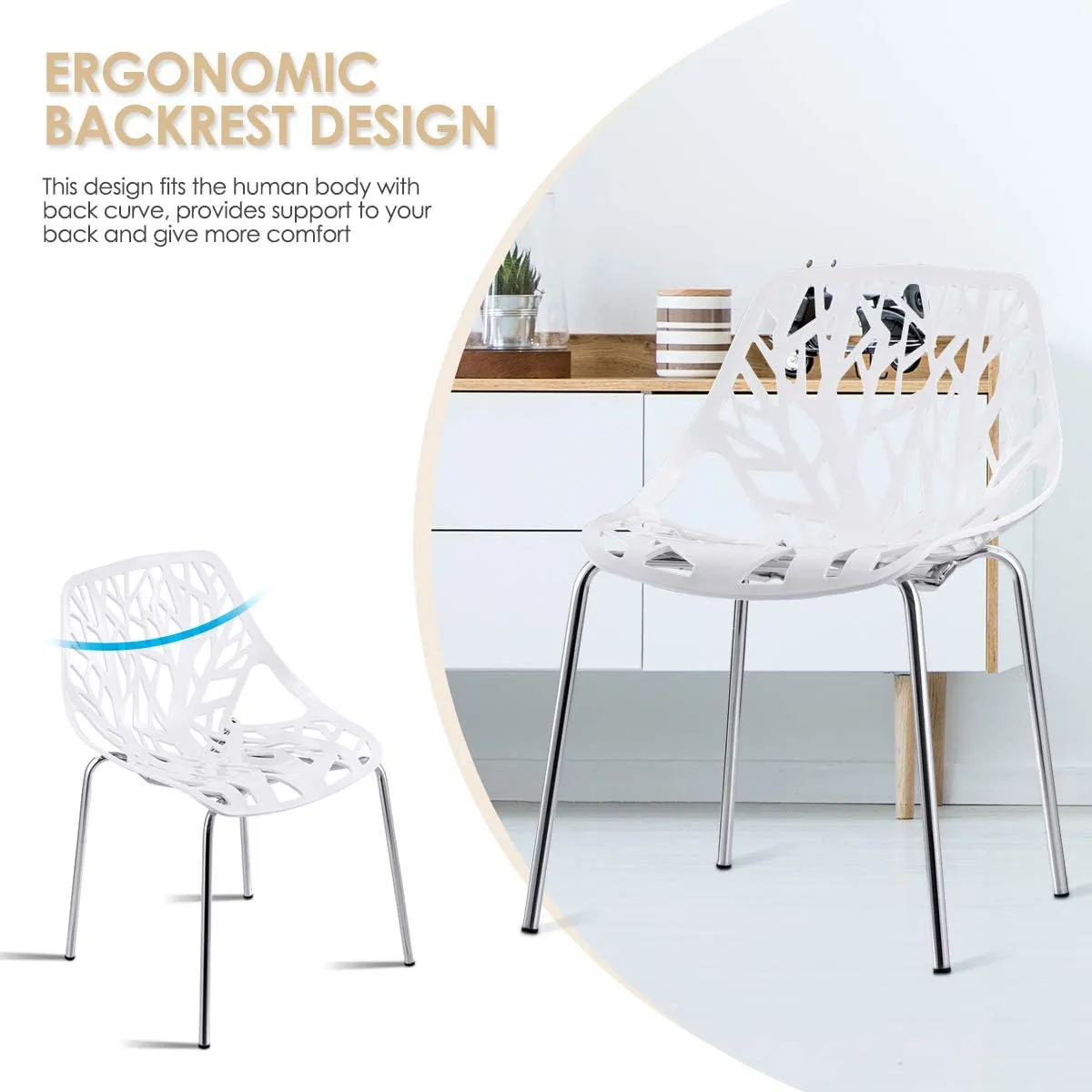 Giantex Set of 6 Modern Dining Chairs w/Plastic Feet Pads Stackable Chair Geometric Style Furniture Dining Side Chairs (6 Packs, White)