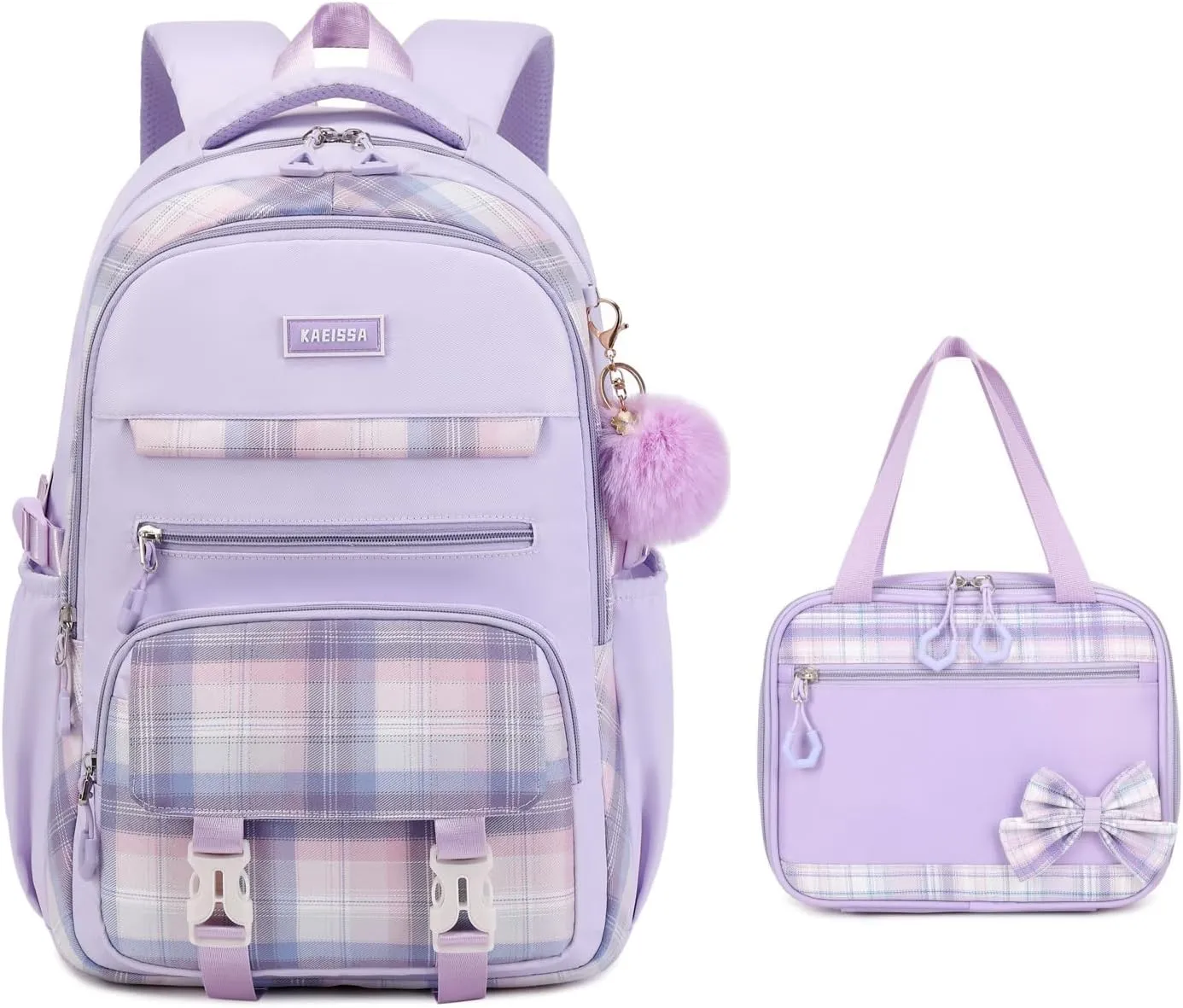 Girls Backpack, 2pcs Set Kawaii Kids Backpack with Insulated Lunch Box Bag Girls Bookbag School Bag for Age 6-12 Years Old, Purple Plain