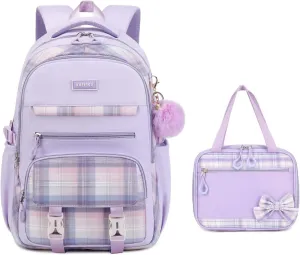 Girls Backpack, 2pcs Set Kawaii Kids Backpack with Insulated Lunch Box Bag Girls Bookbag School Bag for Age 6-12 Years Old, Purple Plain