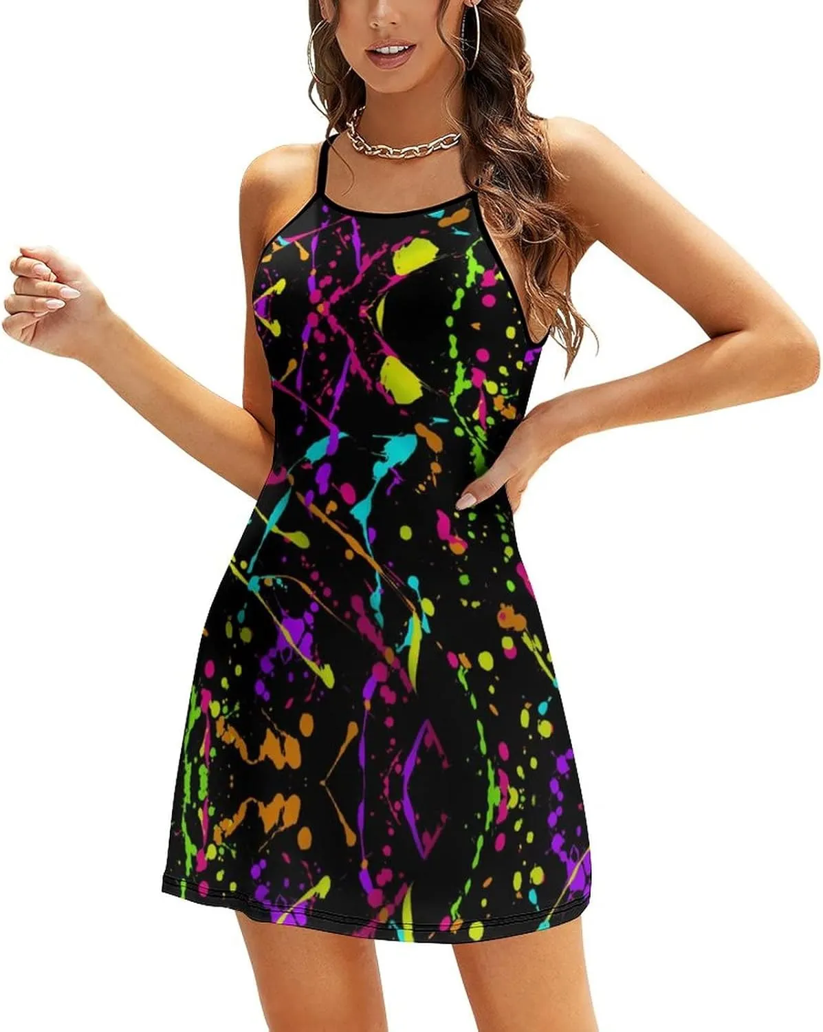 Glow in Dark Splatter Neon Women's Summer Dresses Sundress Sleeveless Adjustable Strap Beach Casual Tank Sling Dress