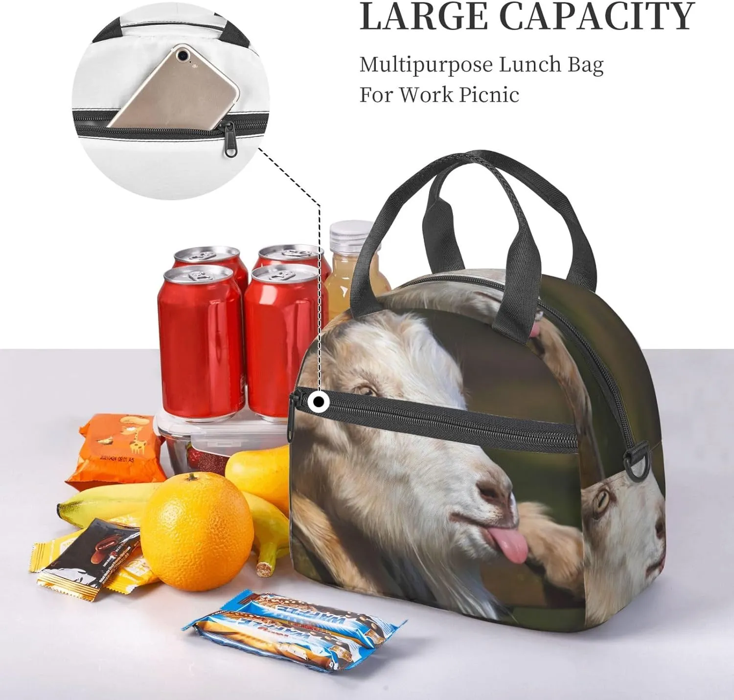 Goat Tongue Lunch Bag Hand Tote Crossbody Insulated Lunch Bag Large Portable Lunch Box