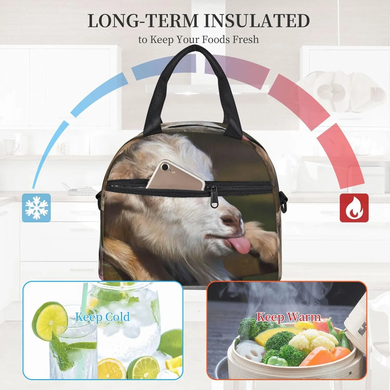 Goat Tongue Lunch Bag Hand Tote Crossbody Insulated Lunch Bag Large Portable Lunch Box