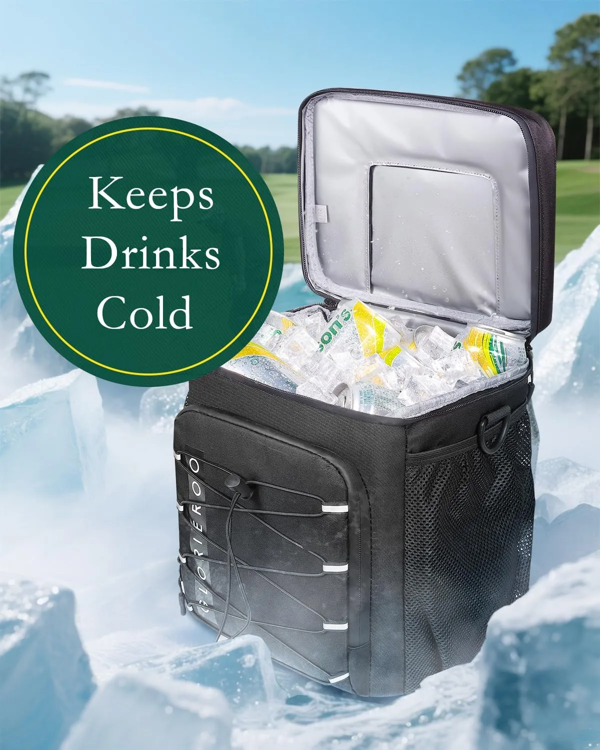 Golf Cart Cooler Bag Insulated - 12-Can Leakproof Soft Cooler Bag with Hook-and-Loop Lid, Waterproof Zippers, and Multi-Pockets for Accessories; Fits on Golf Push Cart