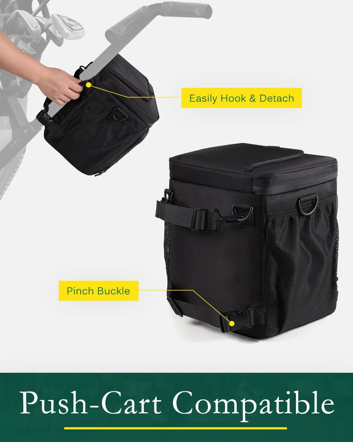 Golf Cart Cooler Bag Insulated - 12-Can Leakproof Soft Cooler Bag with Hook-and-Loop Lid, Waterproof Zippers, and Multi-Pockets for Accessories; Fits on Golf Push Cart