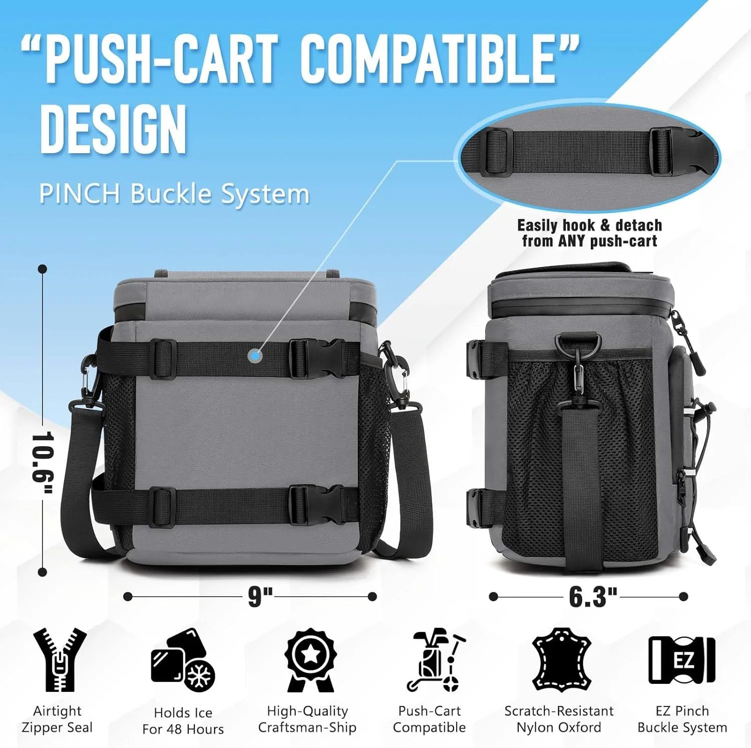 Golf Cart Cooler Bag Insulated - 12-Can Leakproof Soft Cooler Bag with Hook-and-Loop Lid, Waterproof Zippers, and Multi-Pockets for Accessories; Fits on Golf Push Cart