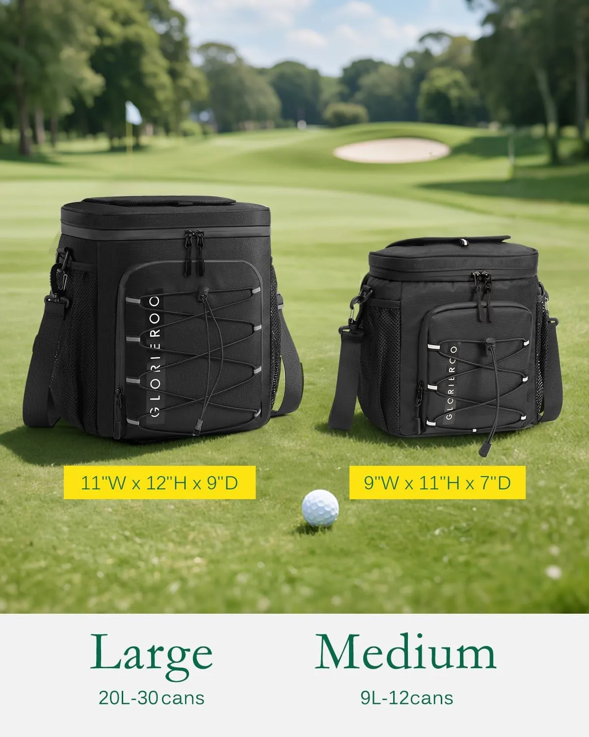Golf Cart Cooler Bag Insulated - 12-Can Leakproof Soft Cooler Bag with Hook-and-Loop Lid, Waterproof Zippers, and Multi-Pockets for Accessories; Fits on Golf Push Cart