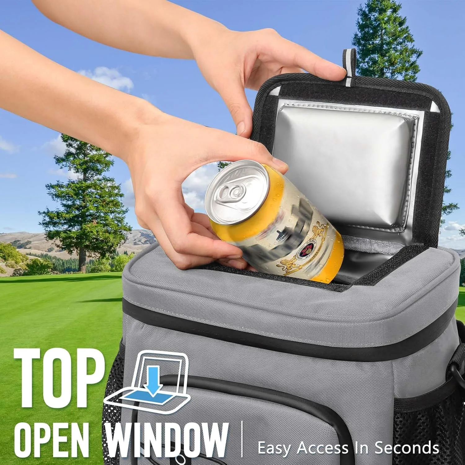 Golf Cart Cooler Bag Insulated - 12-Can Leakproof Soft Cooler Bag with Hook-and-Loop Lid, Waterproof Zippers, and Multi-Pockets for Accessories; Fits on Golf Push Cart