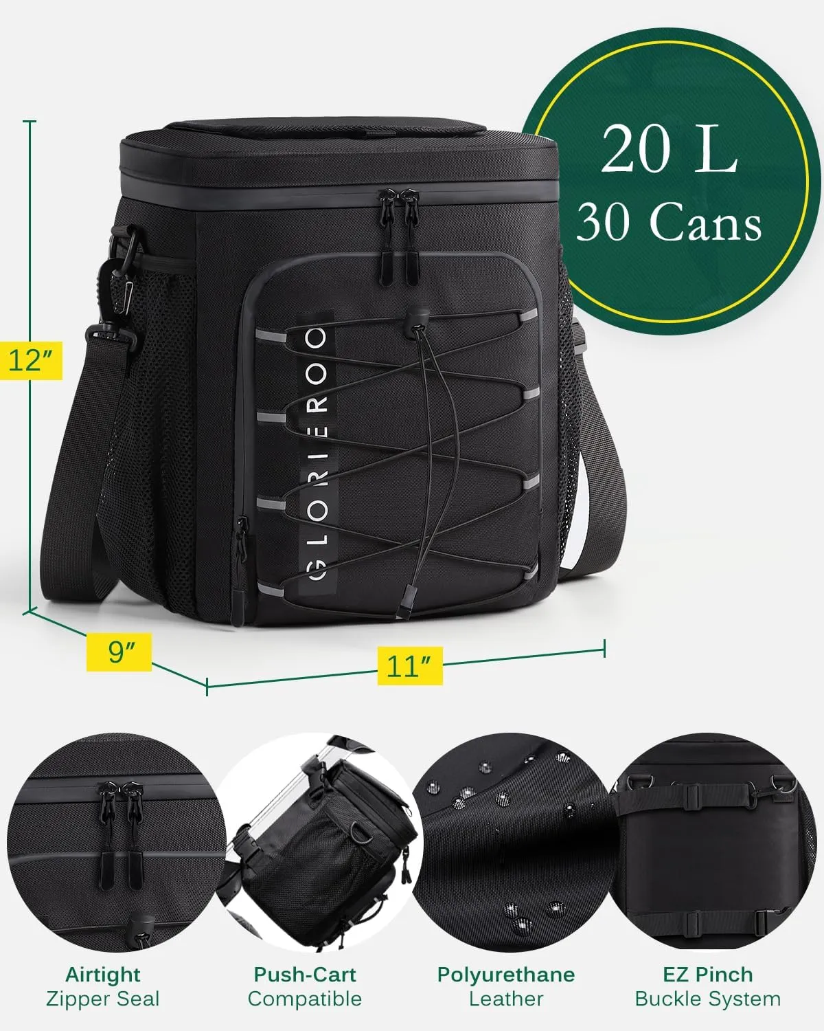 Golf Cart Cooler Bag Insulated - 12-Can Leakproof Soft Cooler Bag with Hook-and-Loop Lid, Waterproof Zippers, and Multi-Pockets for Accessories; Fits on Golf Push Cart