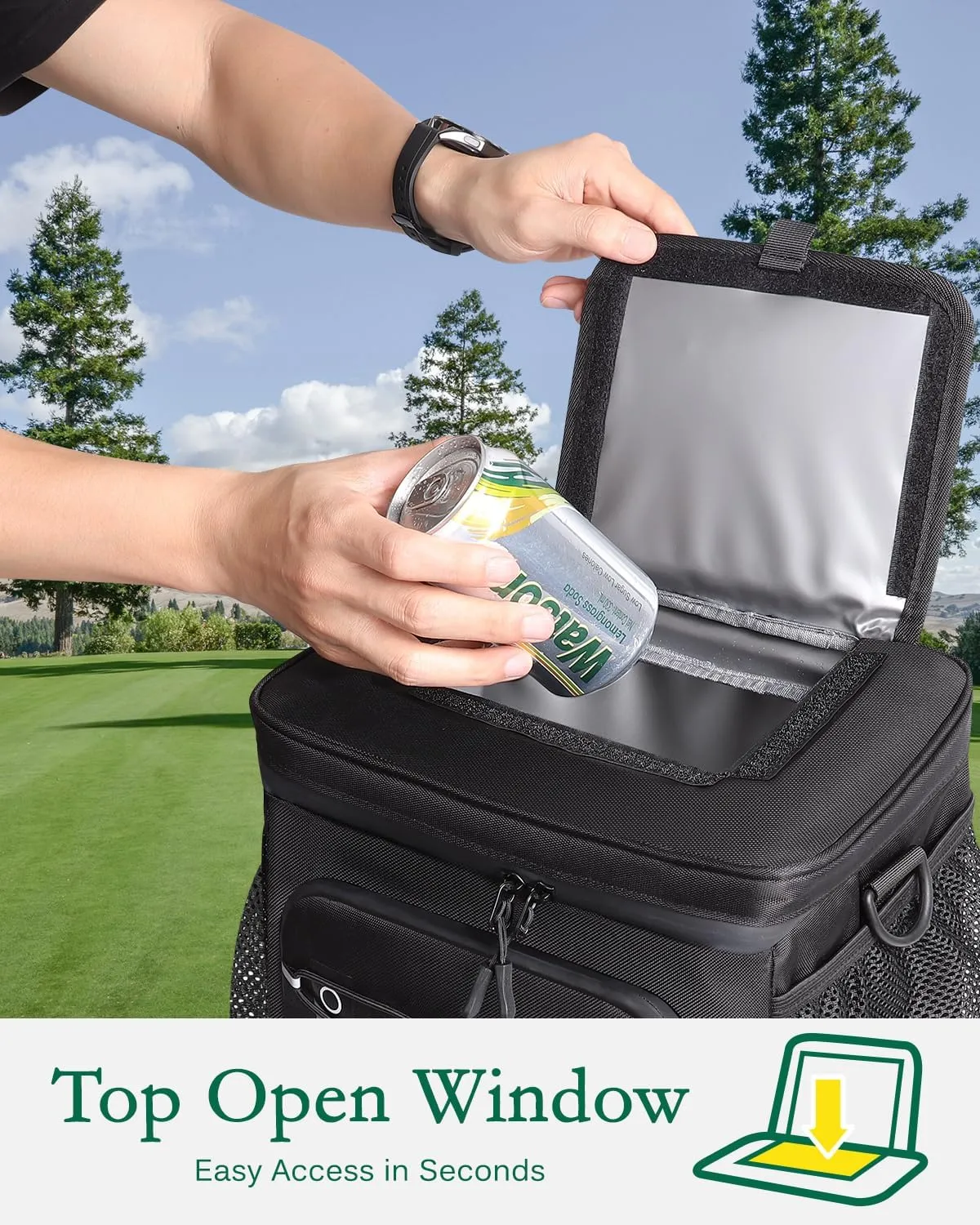 Golf Cart Cooler Bag Insulated - 12-Can Leakproof Soft Cooler Bag with Hook-and-Loop Lid, Waterproof Zippers, and Multi-Pockets for Accessories; Fits on Golf Push Cart