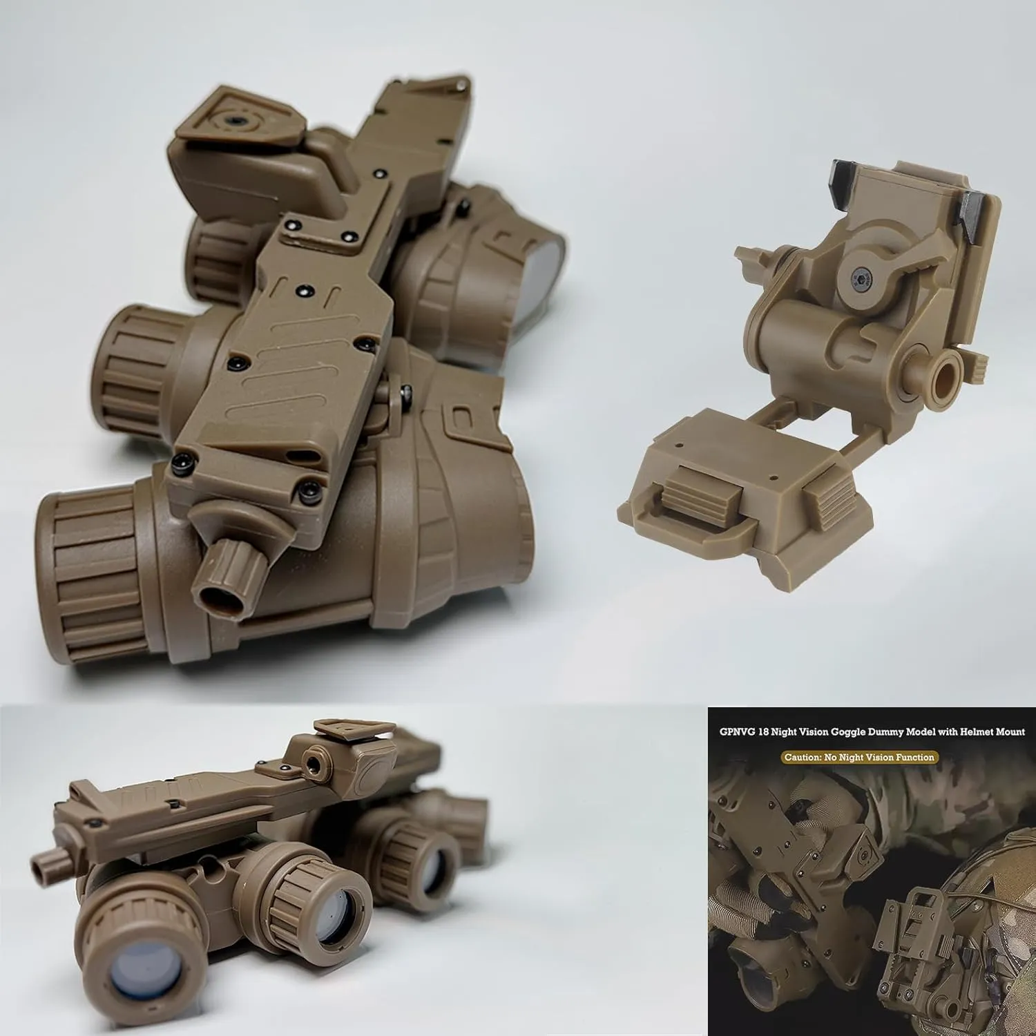 GPNVG 18 Night Vision Goggles Dummy Model with Helmet Mount, Four-Tube Binocular Night Vision for Tactical Helmet NVG Mount, Cosplay Prop, No Function (Tan)