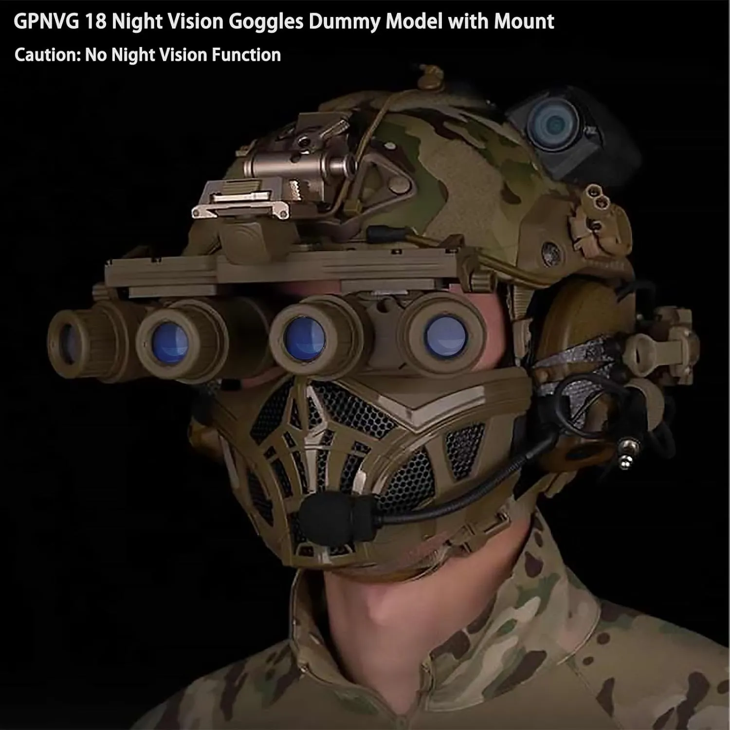 GPNVG 18 Night Vision Goggles Dummy Model with Helmet Mount, Four-Tube Binocular Night Vision for Tactical Helmet NVG Mount, Cosplay Prop, No Function (Tan)