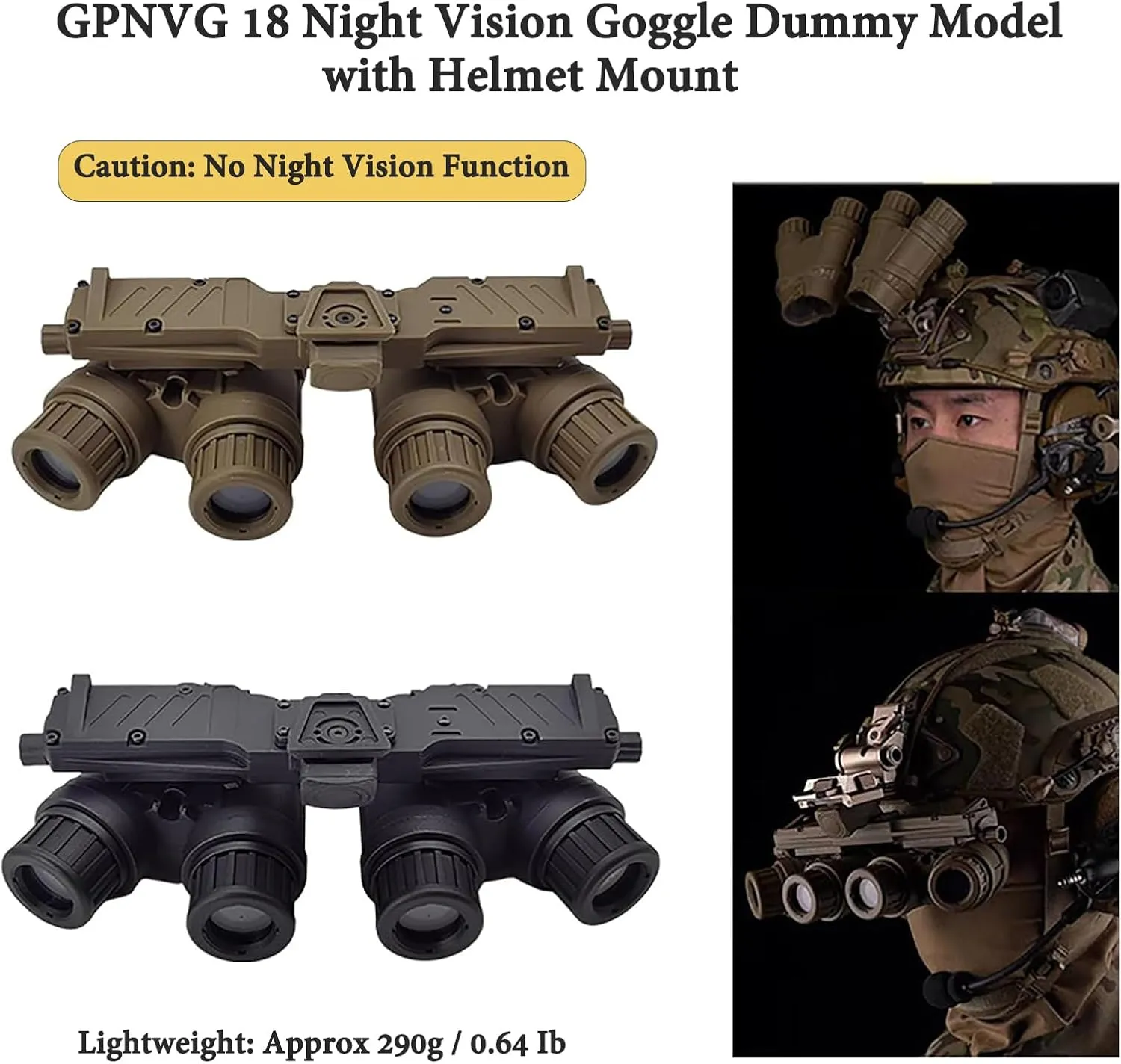 GPNVG 18 Night Vision Goggles Dummy Model with Helmet Mount, Four-Tube Binocular Night Vision for Tactical Helmet NVG Mount, Cosplay Prop, No Function (Tan)