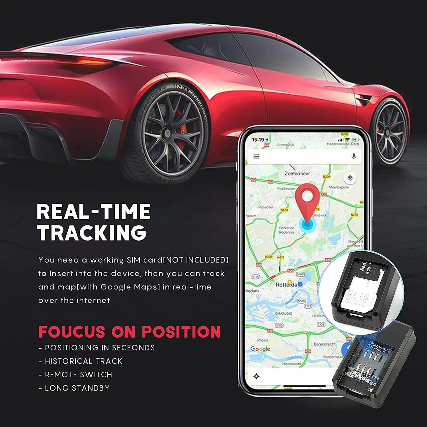 GPS Tracker for Vehicles, Mini Magnetic GPS Real Time Car Locator, Full USA Coverage, No Monthly Fee, Long Standby GSM SIM GPS Tracker for Vehicle/Car/Person , Black