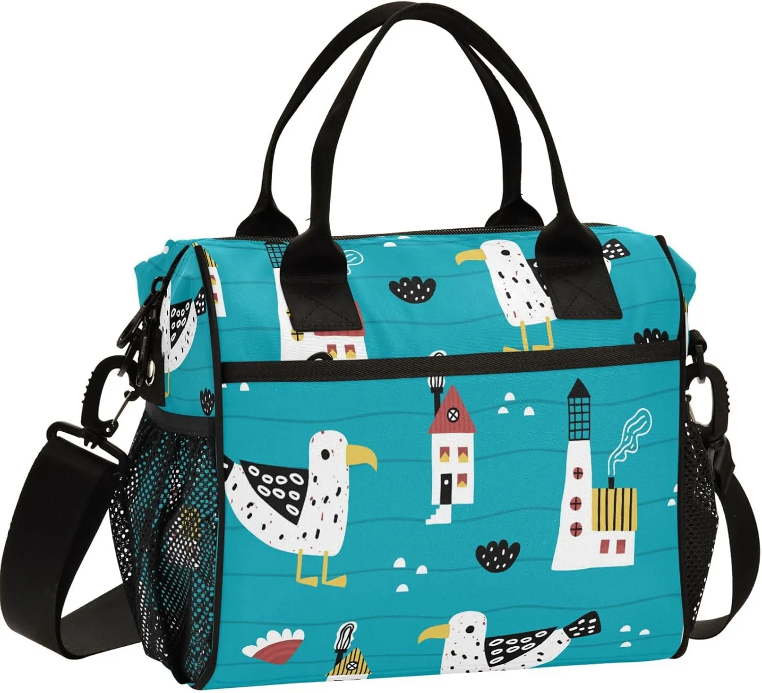 Gredecor Lighthouse Gull Waves and Houses Reusable Lunch Bag for Women Men Portable Insulated Lunch Box Tote Cooler Bag for Office, 10.6x5.5x11 IN