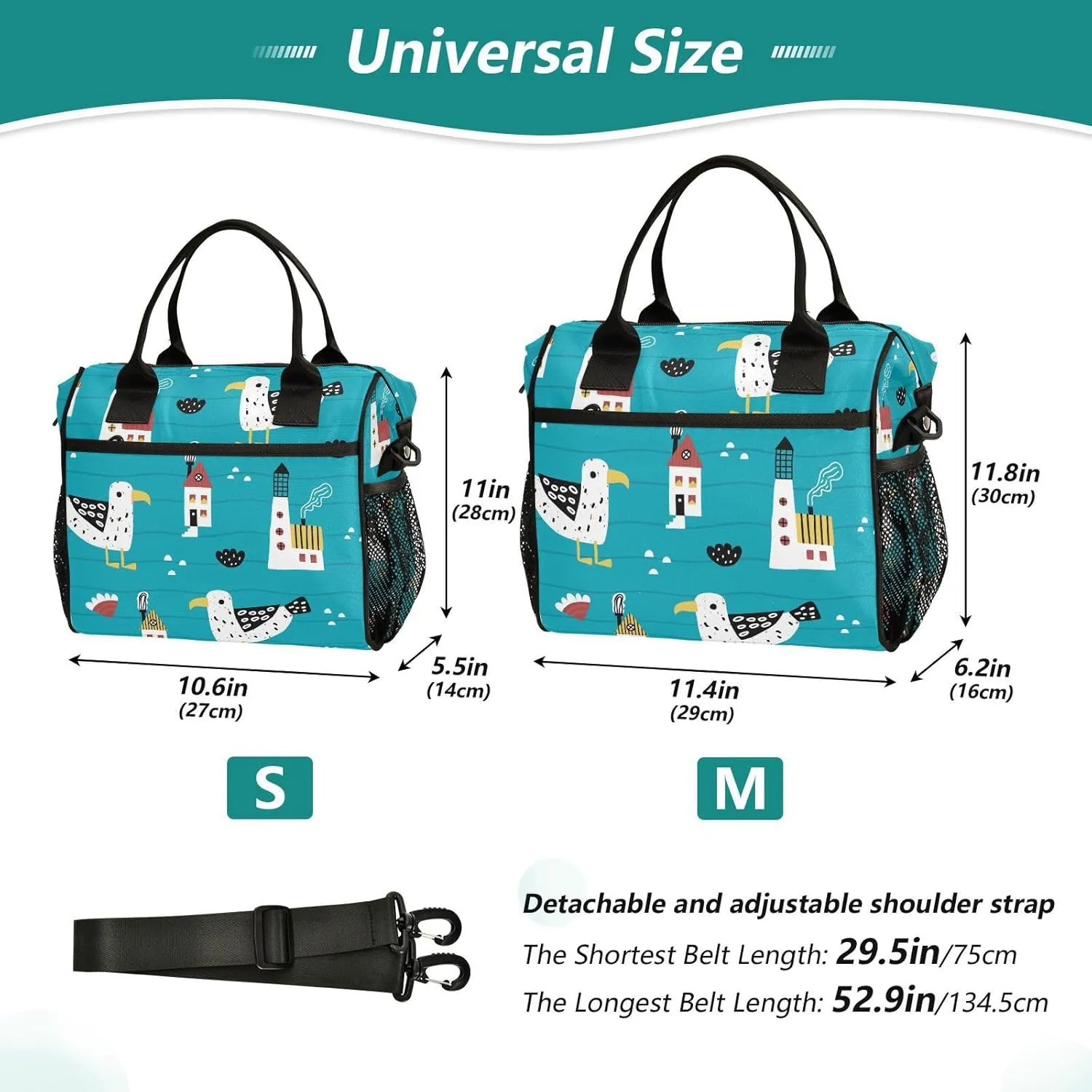 Gredecor Lighthouse Gull Waves and Houses Reusable Lunch Bag for Women Men Portable Insulated Lunch Box Tote Cooler Bag for Office, 10.6x5.5x11 IN