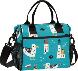 Gredecor Lighthouse Gull Waves and Houses Reusable Lunch Bag for Women Men Portable Insulated Lunch Box Tote Cooler Bag for Office, 10.6x5.5x11 IN