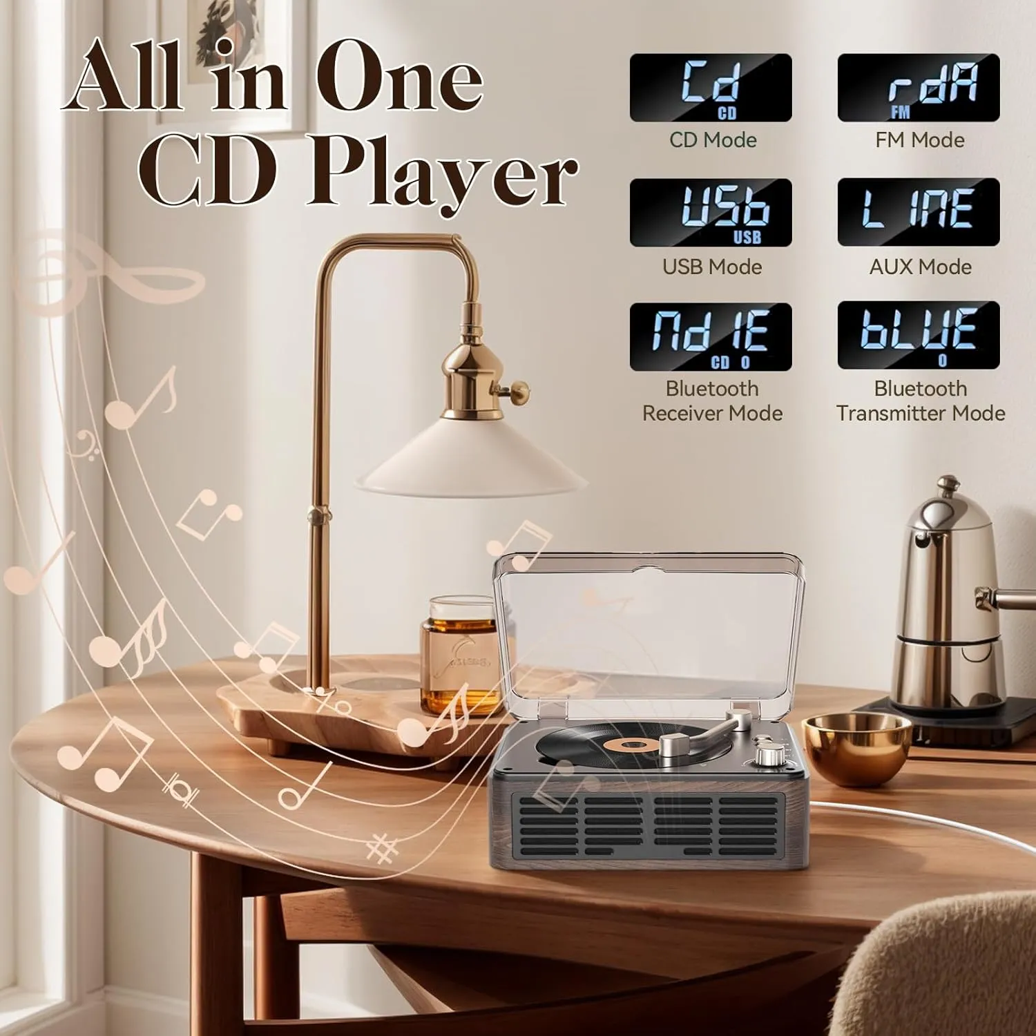 Gueray CD Player with Speakers HiFi Stereo Sound for Home,Bluetooth Retro Wood CD Music Players FM Radio with Remote Control,Support USB & AUX Playback