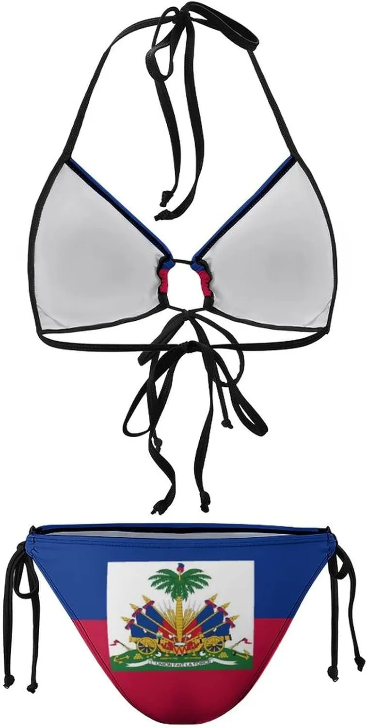 Haiti Flag Bikini Swimsuit Two Piece Summer Swimwear Halter Padded Top Tie Bottom Triangle Bikini Bathing Suit