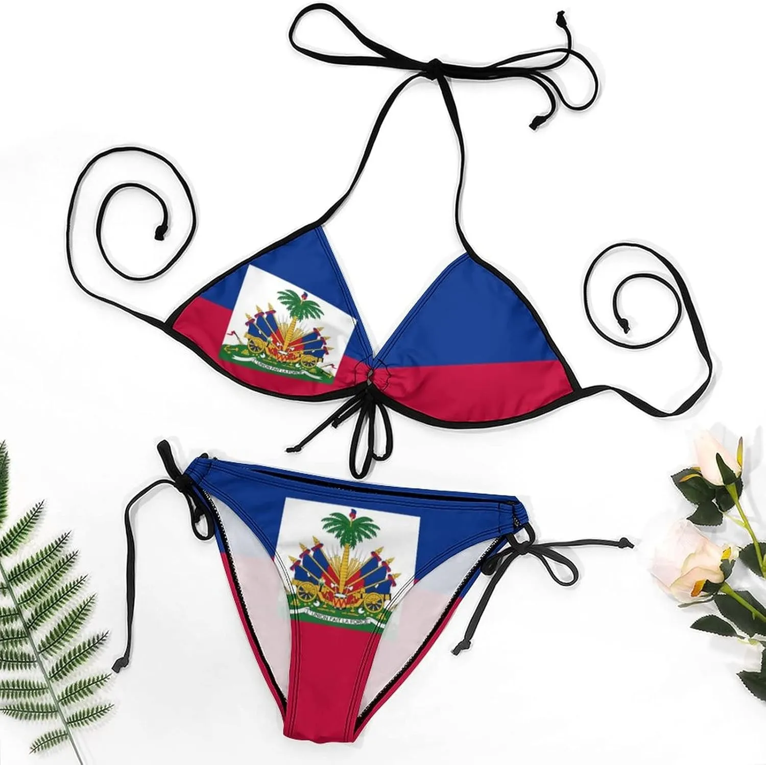 Haiti Flag Bikini Swimsuit Two Piece Summer Swimwear Halter Padded Top Tie Bottom Triangle Bikini Bathing Suit