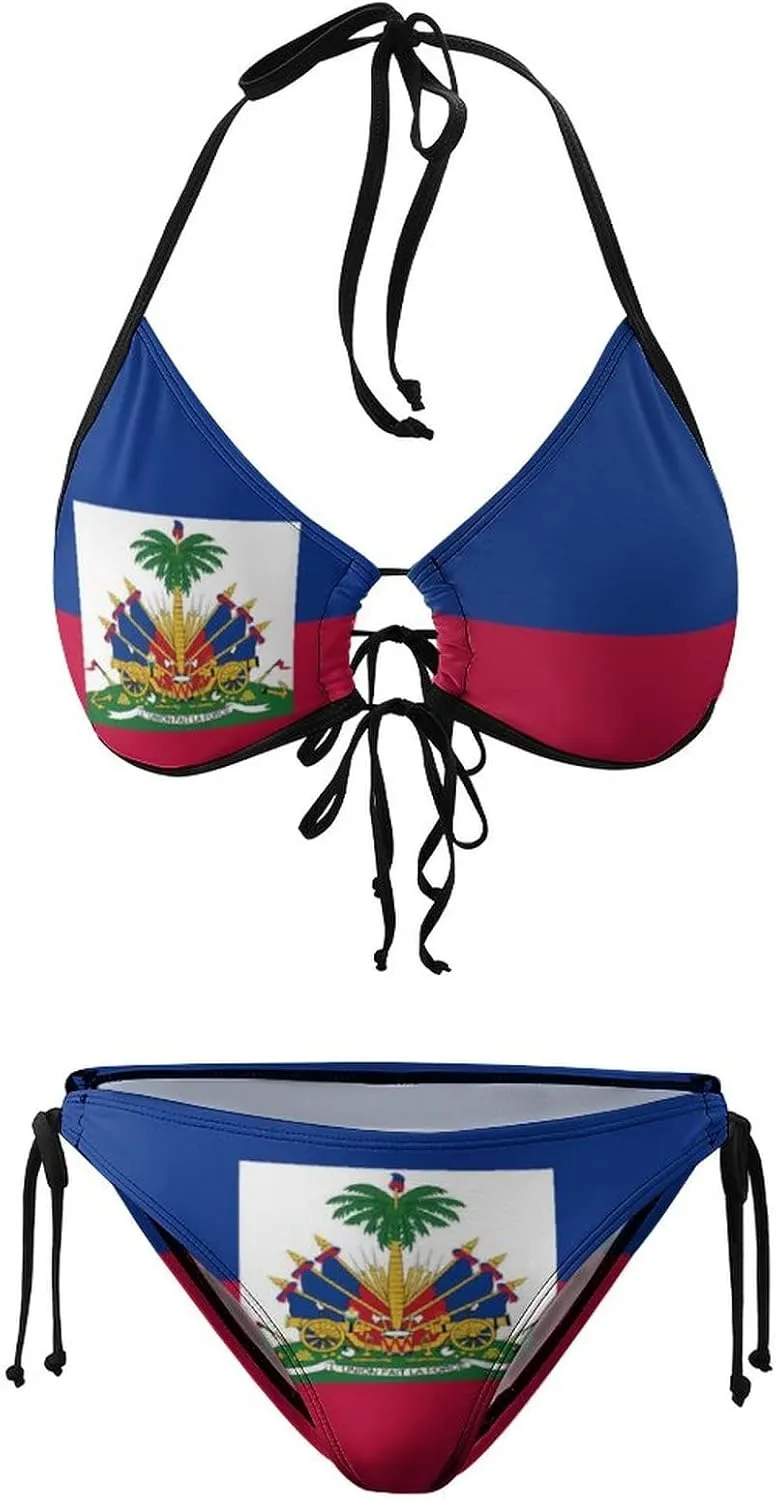 Haiti Flag Bikini Swimsuit Two Piece Summer Swimwear Halter Padded Top Tie Bottom Triangle Bikini Bathing Suit