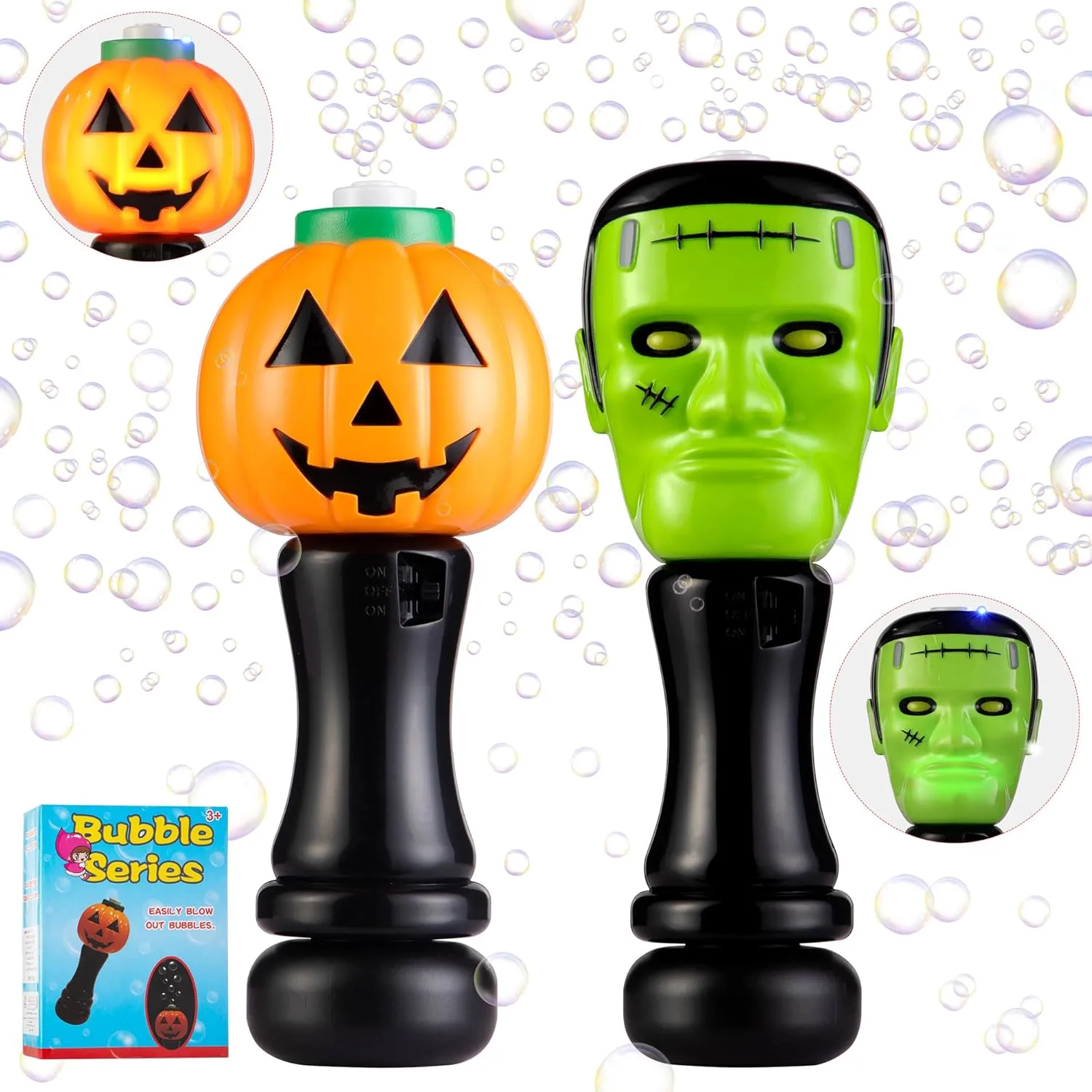 Halloween Bubble Wand Toys Gifts for Kids, Light Up Pumpkin and Science Freak Blower Wand with Thrilling LED & Bubble Fluid, Bubble Blower Machine for Toddlers Boys & Girls 3 4 5 6 7 8  Years - 2 PCS