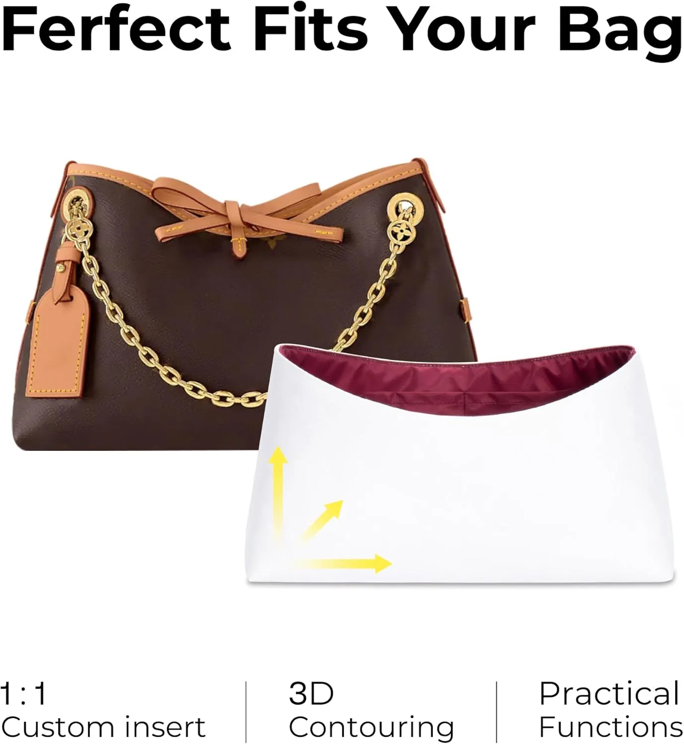 Handbag Organizer Insert for LV CarryAll BB, Custom Fit Inside Premium Prunoir Lightweight Water Resistant Purse Insert Accessories
