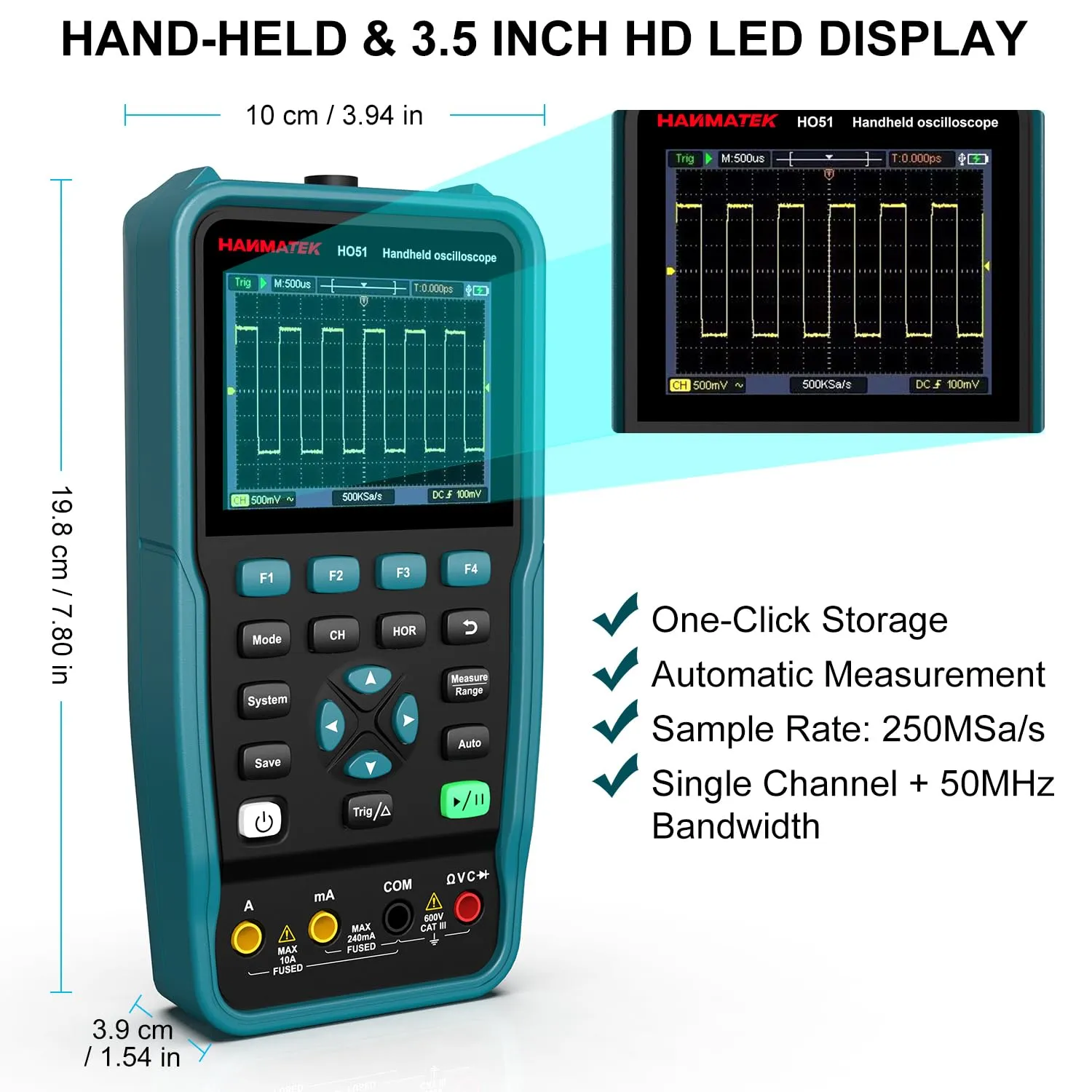 HANMATEK 3 in 1 Handheld Oscilloscope Multimeter,Waveform Generator HO51 with 3.5" TFT Oscilloscop, Auto-Calibration Function, Memory Function, Multi Tester
