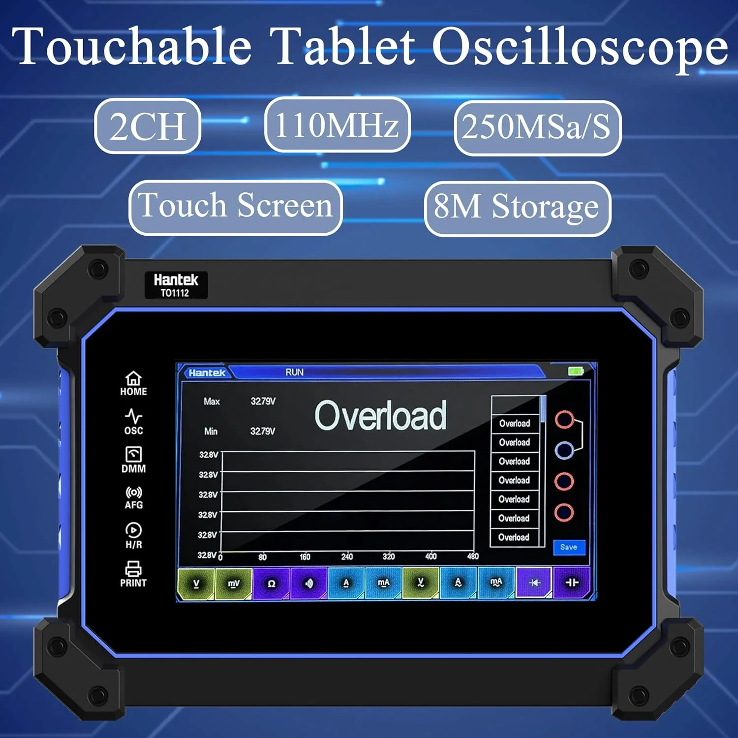 Hantek Tablet Oscilloscope 110MHz Bandwidth 250MSa/S 8M Storage Depth with 7" Touch Screen(TO1112/110MHz 2CH)