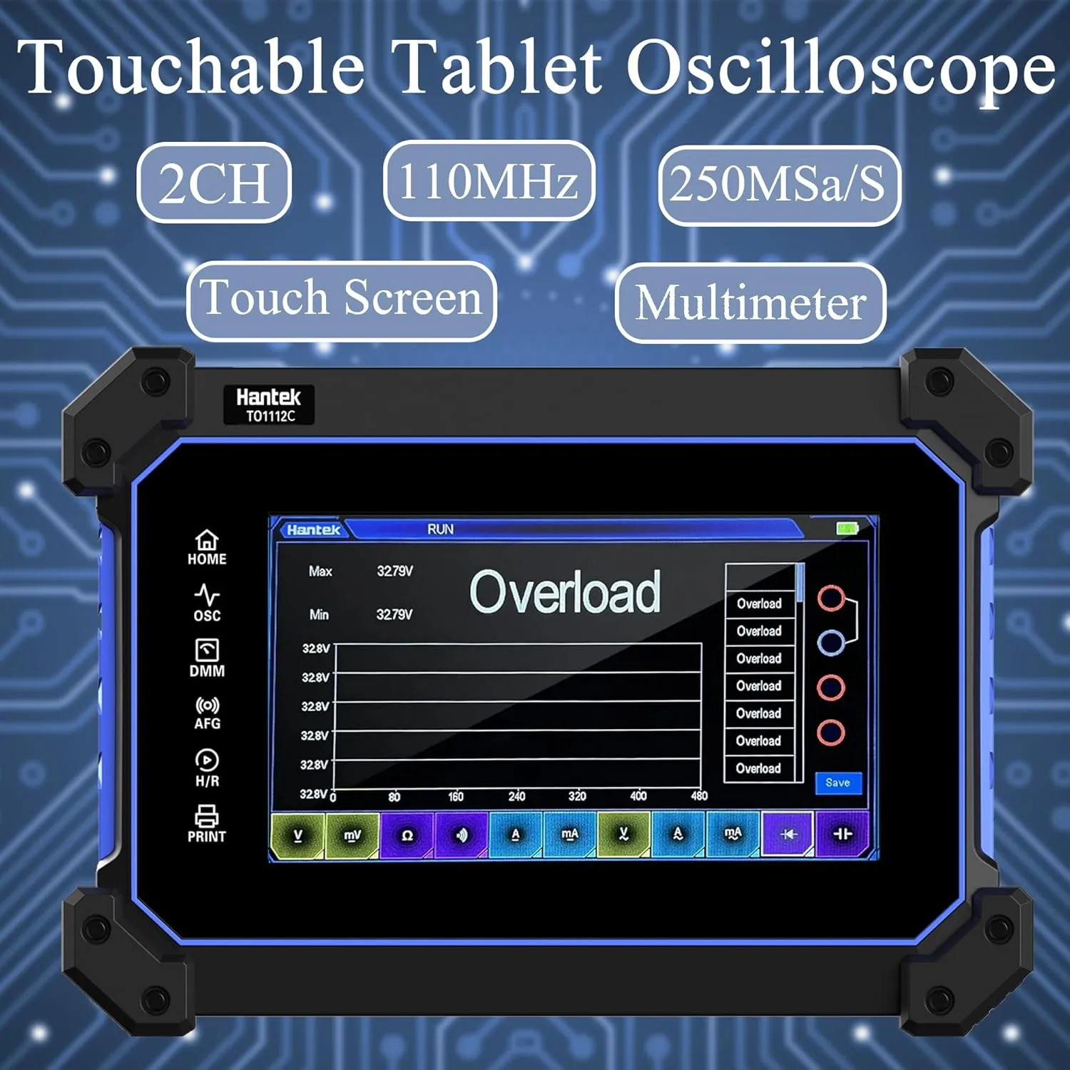 Hantek Tablet Oscilloscope 2CH Built-in Multimeter Function 8M Storage Depth with 7" TFT Touch Screen(TO1112C/110MHz Bandwidth)
