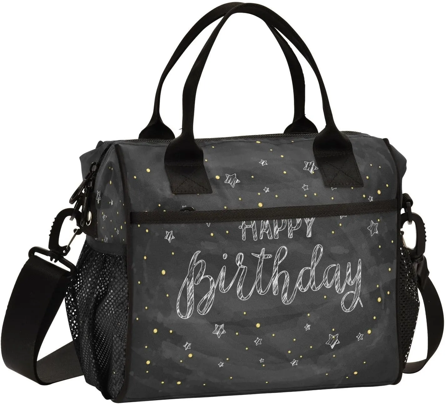 Happy-birthday-white-chalk-black Insulated Cooler Lunch Bag, Reusable Lunch Tote Bag with Adjustable Shoulder Belt for Work Picnic Camping,M, Medium