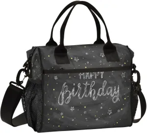 Happy-birthday-white-chalk-black Insulated Cooler Lunch Bag, Reusable Lunch Tote Bag with Adjustable Shoulder Belt for Work Picnic Camping,M, Medium