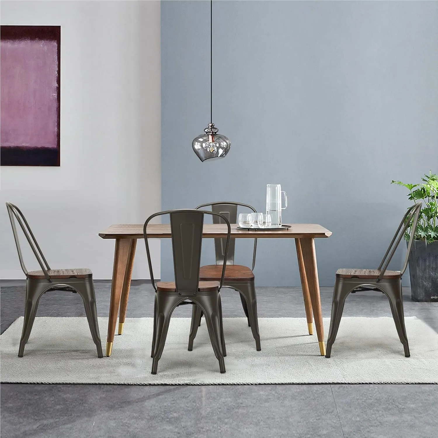 HAPPYGRILL Dining Chairs Set of 4, Indoor Outdoor Metal Kitchen Chairs with Wood Seat & High Backrest, Tolix-Style Stackable Counter Bar Chairs for Living Room, Restaurant, Patio & Party