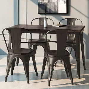 HAPPYGRILL Dining Chairs Set of 4, Indoor Outdoor Metal Kitchen Chairs with Wood Seat & High Backrest, Tolix-Style Stackable Counter Bar Chairs for Living Room, Restaurant, Patio & Party(Gun)