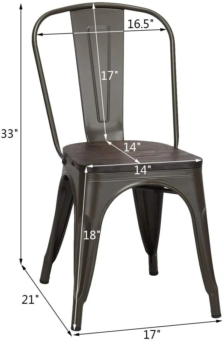 HAPPYGRILL Dining Chairs Set of 4, Indoor Outdoor Metal Kitchen Chairs with Wood Seat & High Backrest, Tolix-Style Stackable Counter Bar Chairs for Living Room, Restaurant, Patio & Party(Gun)