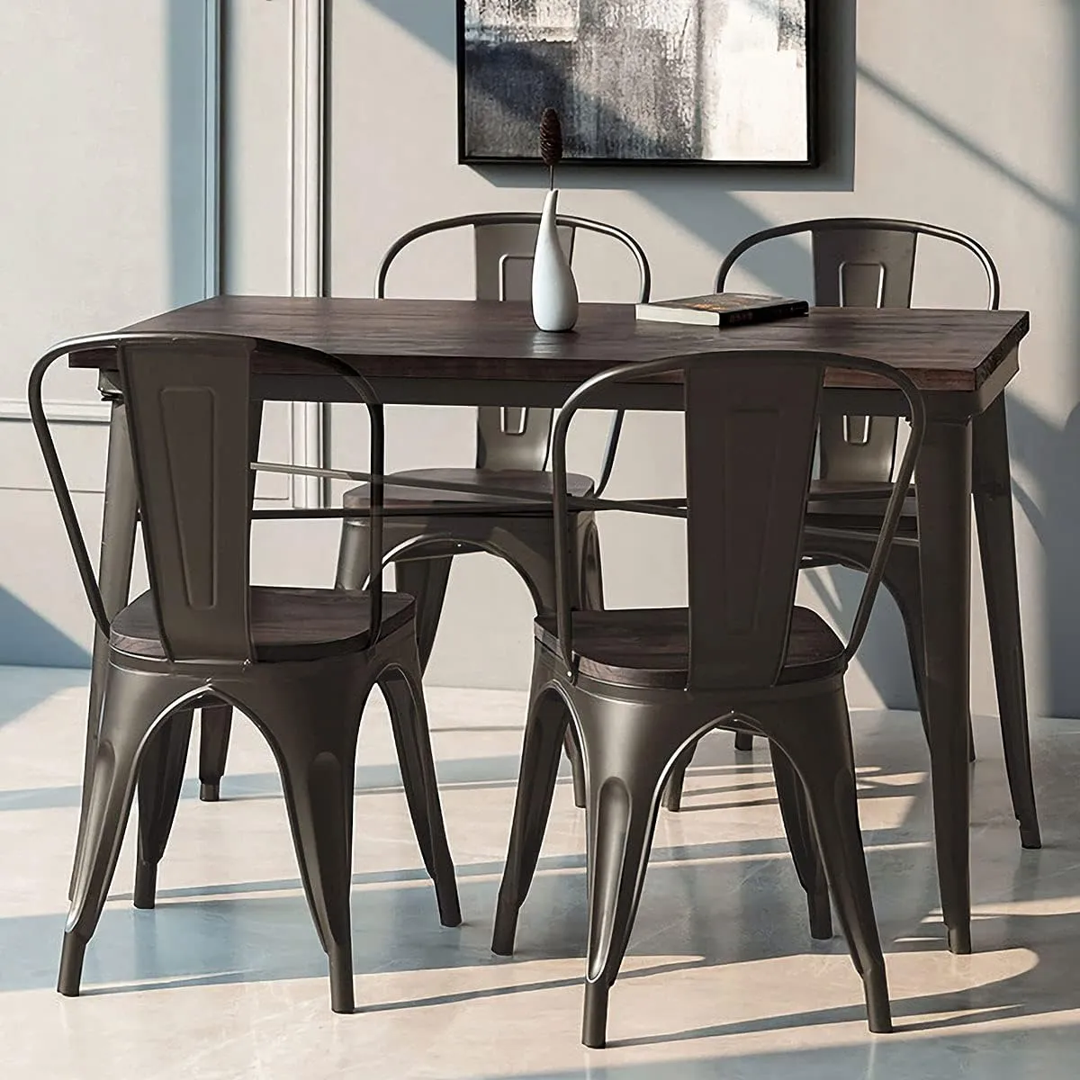 HAPPYGRILL Dining Chairs Set of 4, Indoor Outdoor Metal Kitchen Chairs with Wood Seat & High Backrest, Tolix-Style Stackable Counter Bar Chairs for Living Room, Restaurant, Patio & Party(Gun)